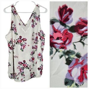 Maurices Plus XXL/20 White Floral Sheer Inset V Neck Tank Top Sleeveless Blouse